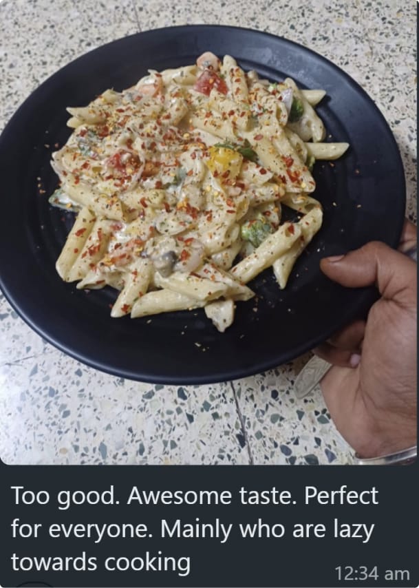 customer texted "To good. Awesine taste. Perfect for everyone. Mainly who are lazy"