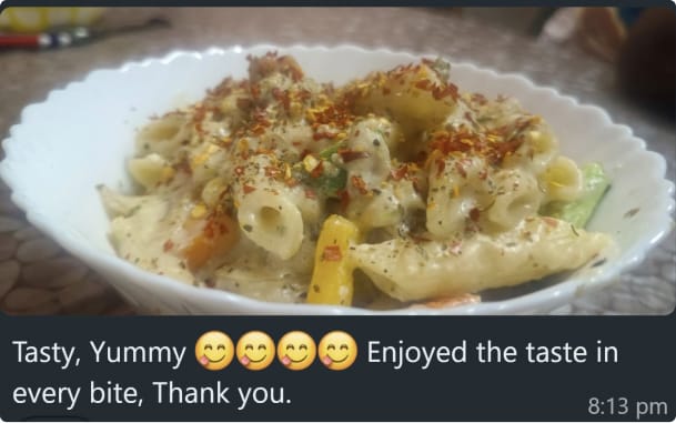 a customer texted "tasty yummy pasta. thank you"